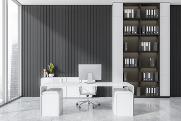 Manager room interior, table with computer and shelf, window. Empty wall