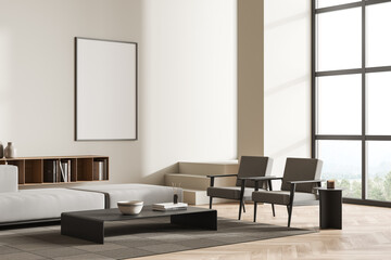 Corner view on bright living room interior with empty poster