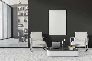 Front view on dark office interior with empty white poster