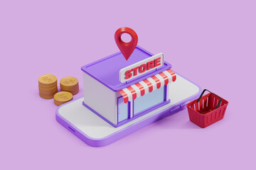 Smartphone and business store, shopping basket and location pin, mockup