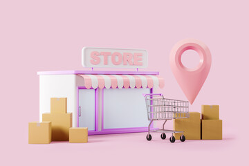 Small business store and shopping cart with cardboard boxes