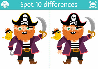 Find differences game for children. Sea adventures educational activity with cute pirate with parrot and sable. Puzzle for kids with funny character. Marine printable worksheet or page.