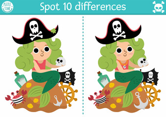 Fototapeta premium Find differences game for children. Sea adventures educational activity with cute pirate mermaid. Treasure island or Halloween puzzle for kids with funny character. Printable worksheet.