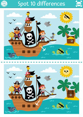 Find differences game for children. Sea adventures educational activity with cute pirate ship and treasure island. Puzzle for kids with funny scene. Marine printable worksheet or page.