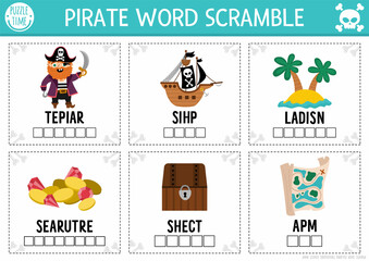 Vector pirate word scramble activity page. English language game with ship, treasure island, chest for kids. Sea adventures family quiz with map, parrot. Educational printable worksheet..