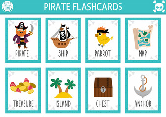 Vector pirate flash cards set. English language game with cute ship, treasure island, chest for kids. Sea adventures flashcards with map, parrot. Simple educational printable worksheet..
