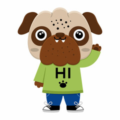 Vector cartoon pug. Anthropomorphic dog saying hi and greeting. Funny pup waving hand. Cute animal illustration for kids. Funny little pet icon.