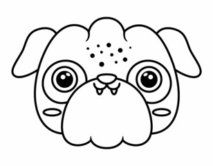 Vector cartoon pug face. Black and white dog muzzle. Funny pup head. Cute animal illustration for kids. Funny little pet icon or coloring page.
