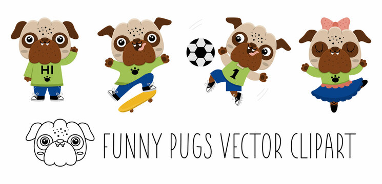 Vector cartoon pugs set. Anthropomorphic dogs doing sports. Funny pup playing football, skating, dancing, waving hand. Cute animal illustration for kids. Funny little pet icons collection.