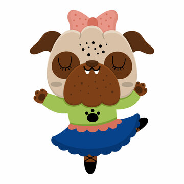 Vector cartoon pug. Anthropomorphic dancing dog. Funny pup girl in ballet tutu. Cute animal illustration for kids. Funny little pet icon.