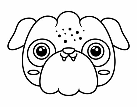 Vector cartoon pug face. Black and white dog muzzle. Funny pup head. Cute animal illustration for kids. Funny little pet icon or coloring page.