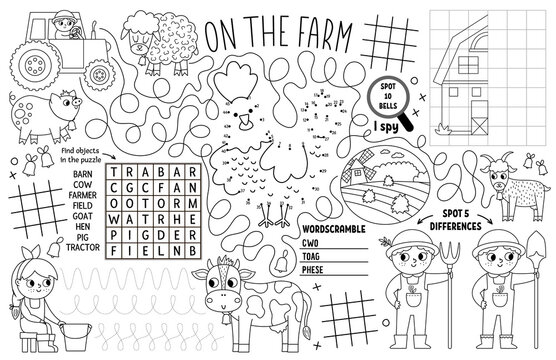 Vector on the farm placemat for kids. Country farm printable activity mat with maze, tic tac toe charts, connect the dots, find difference. Farmhouse black and white play mat or coloring page.