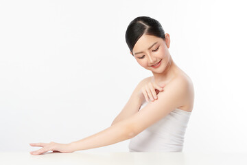 Obraz premium Beautiful young asian woman with clean fresh skin on white background, Face care, Facial treatment, Cosmetology, beauty and spa, Asian women portrait.