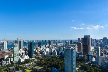 Fototapeta na wymiar 青空と建物の都市風景素材　ビジネスイメージ　日本　東京都六本木　眺望　超高層ビル群