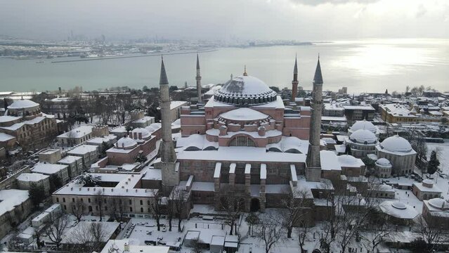 Hagia Sophia and Blue Mosque in the Fog Drone Video, Fatih Istanbul, Turkey