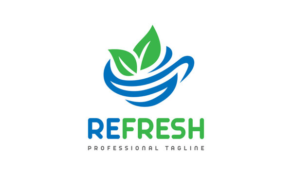 Refresh Food Drink Juice Coffee Logo Design vector icon symbol illustrations. Juice or coffee cup mug with leaf looks so fresh. Green and healthy drinks. Blue water wave. Perfect for your business.