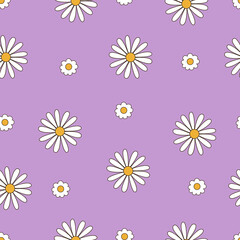 Seamless vector pattern with vintage daisy and camomile groovy flowers. Country floral background. Cute cartoon texture for surface design, wallpaper, wrapping paper, textile