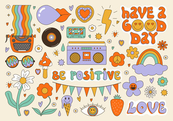 Vector groovy clipart collection. 70s, 80s, 90s vibes funky stickers. Retro flowers. text, emoji, typewriter, cassette  illustrations. Vintage nostalgia elements for card, poster design and print