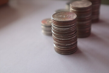 Coins, pile of coins on white background Thai coins, baht currency