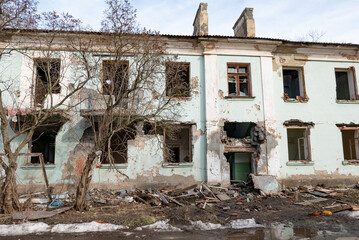 War ruins. Destroyed city after the bombing. Dead city. Bombed buildings.