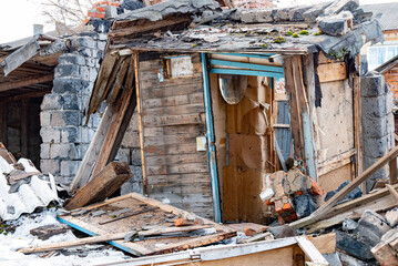 War ruins. Destroyed city after the bombing. Dead city. Bombed buildings.