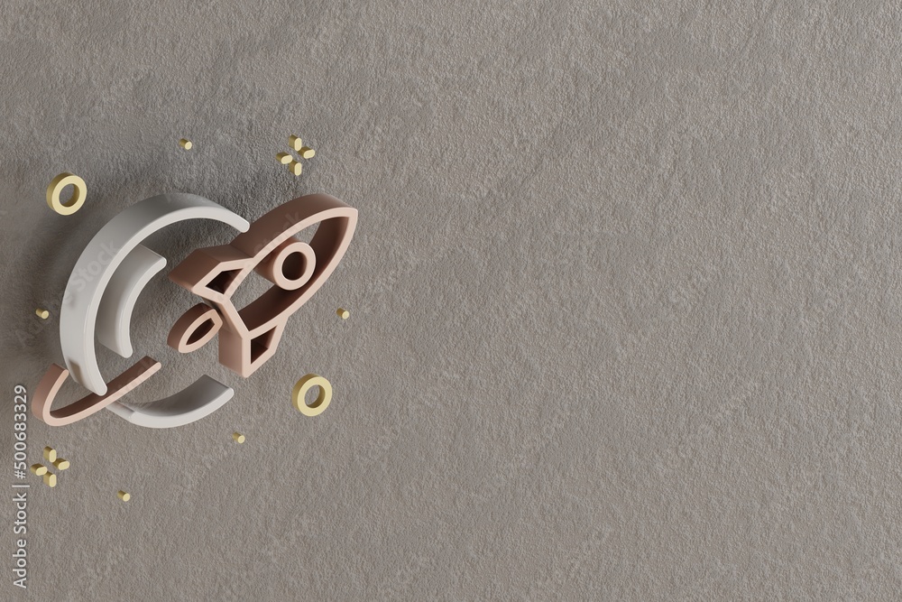 Aufkleber Beautiful abstract illustrations Golden Rocket and start symbol icons on a gray wall background. 3d rendering illustration. Background pattern for design. Space exploration