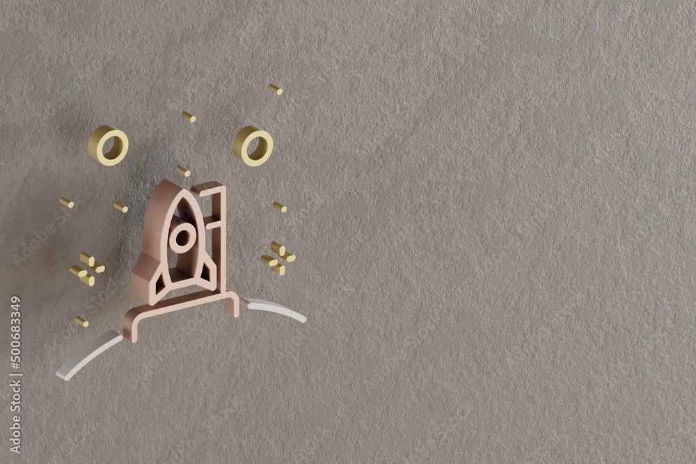 Aufkleber Beautiful abstract illustrations Golden Rocket and start symbol icons on a gray wall background. 3d rendering illustration. Background pattern for design. Space exploration