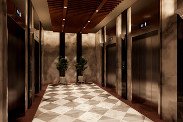 3d rendering metal elevator hall of hotel interior with marble
