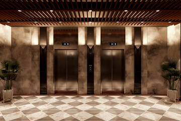 Fototapeta na wymiar 3d rendering metal elevator hall of hotel interior with marble