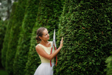 beautiful young woman in a white tulle skirt with garden scissors cuts large pyramidal thuja, garden topiary art. Pretty european woman gardener in a festive dress