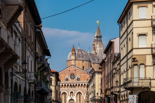Scenic view from street Via Pietro Scalcerle on Basilica of Saint Anthony in Padua, Veneto, Italy, Europe. Roman Catholic church in a Northern Italian city. Touristic sight seeing in Padova