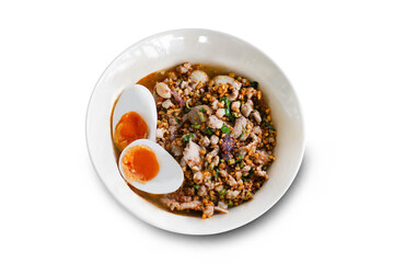 Noodles with peanuts and boiled eggs on a white background,a favorite meal of many people. Some people season it as spicy, sour, sweet as they like