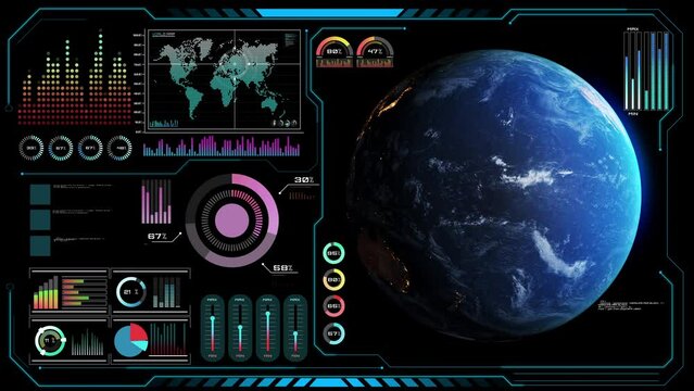 Futuristic VR head-up display design with orbital global network 3D rendering motion graphic . HUD element containing circle abstract and big data analytic presented in digital GUI technology .