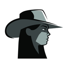 Pretty cowgirl side view portrait symbol on white backdrop. Design element