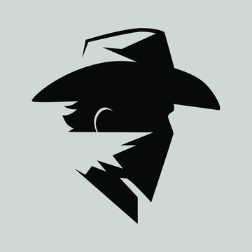 Cowboy masked outlaw symbol side view on gray backdrop. Design element