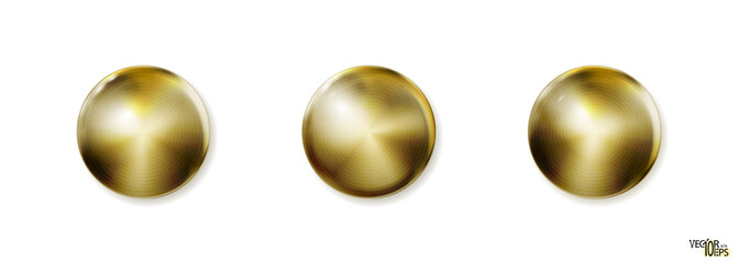 Realistic gold construction rivets, metal set heads isolated on white. Golden, top view. Vector