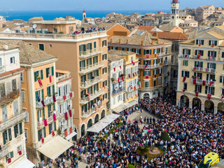 Aerial view of corfu Celebration of Orthodox Easter with the Traditional Practice of Throwing Pots at Great Saturday - obrazy, fototapety, plakaty