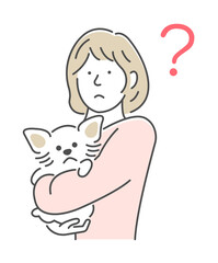 Illustration of a woman holding a dog | thinking, question