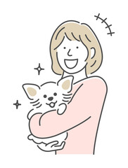 Illustration of a woman holding a dog | glad, laughing