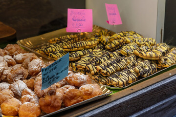 traditional Venetian dessert; traditional pastry in an Italian bakery in Venice, Italy; delicious pastries with chocolate and cream