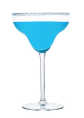 Blue lagoon cocktail with vodka and blue curacao liqueur in margarita glass isolated on white background.