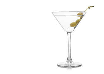 Vodka martini gin cocktail in classic glass with olives on bamboo stick on white background with...