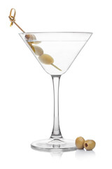 Vodka martini gin cocktail in classic glass with olives on bamboo stickwith fresh green olives on...