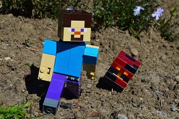 Fototapeta premium LEGO Minecraft large figure of Steve is escapes from dangerous hostile Nether mob Magma Cube on spring sunlit garden soil, green plants and white Hyacinth flowers in background
