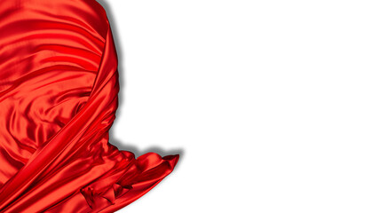 Piece of Red textured and creased Fabric end of Returning by a Corner on White