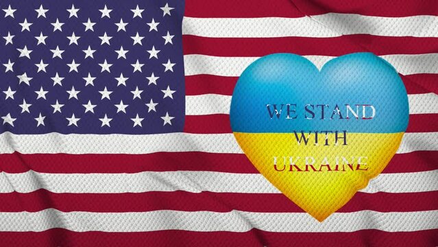 Flag of the United States of America with a heart in Ukrainian colors. We stand with Ucraina