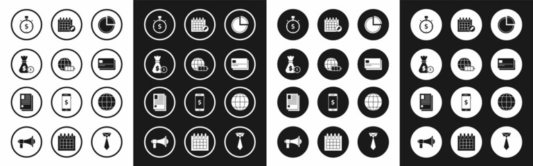 Set Pie chart infographic, Battery charge level indicator with earth globe, Money bag and coin, Time is money, Credit card, Calendar, Earth and File document icon. Vector