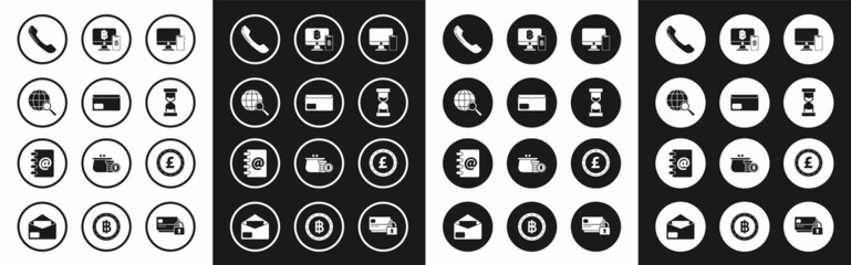 Set Computer monitor and mobile phone, Envelope, Magnifying glass with globe, Telephone handset, Old hourglass flowing sand, bitcoin, Coin money pound sterling symbol and Address book icon. Vector