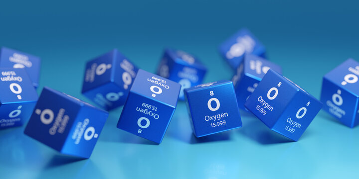 Oxygen (O) is gaseous chemical element, electricity production, technological heat production, engine and turbine drive. Promotional education periodic symbol, element 3D render.