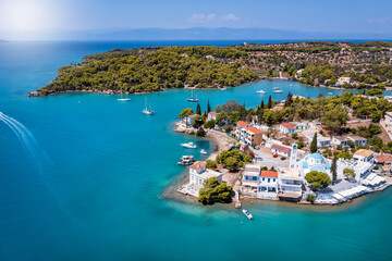 Aerial view of the town Porto Cheli, a luxury seaside retreat at the east edge of the Peloponnese peninsula, Greece